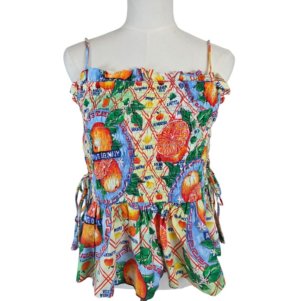 Tropical Citrus Print Smocked Tank Top